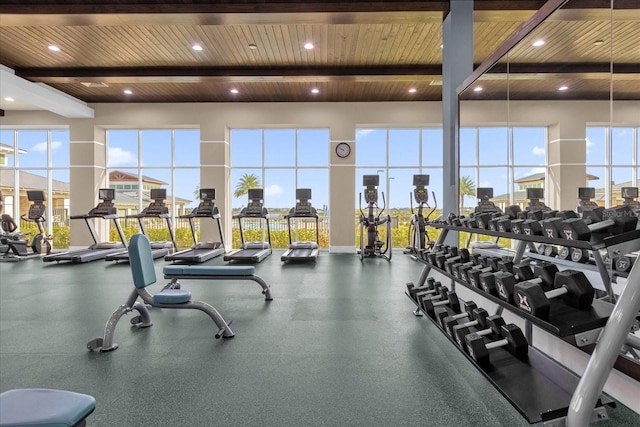 exercise room with wood ceiling and plenty of natural light