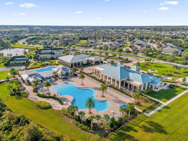 bird's eye view with a water view