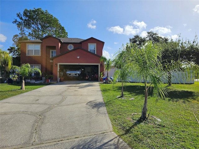 view of front of house featuring a front lawn and a garage