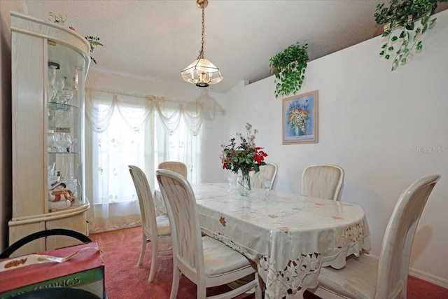 dining space featuring carpet floors and a textured ceiling