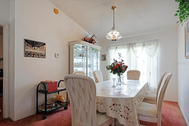 carpeted dining space with vaulted ceiling and a textured ceiling