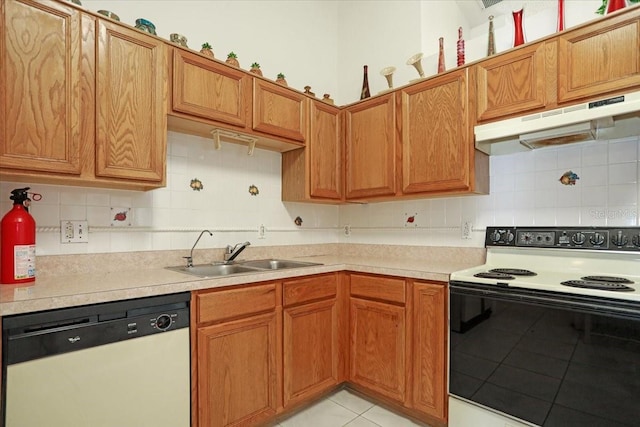 kitchen with electric stove, sink, dishwashing machine, light tile patterned flooring, and decorative backsplash