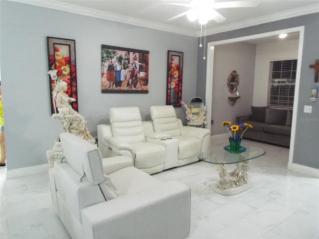 living room with crown molding and ceiling fan