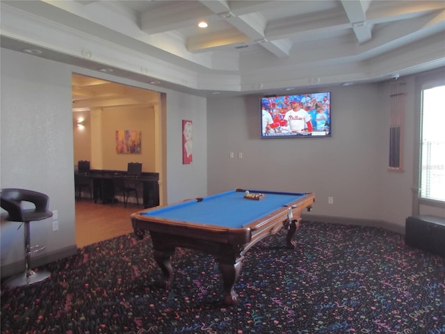 recreation room featuring coffered ceiling, beamed ceiling, and pool table