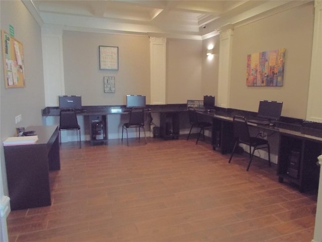 office area featuring coffered ceiling, beamed ceiling, wood-type flooring, ornamental molding, and decorative columns