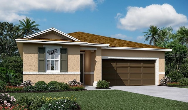 view of front facade featuring a front yard and a garage