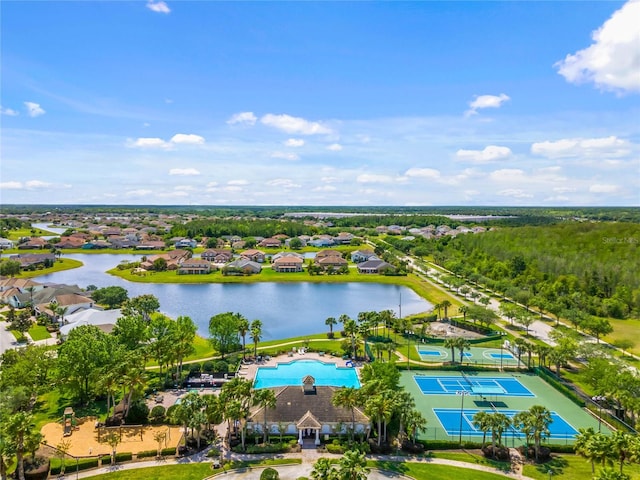 drone / aerial view featuring a water view