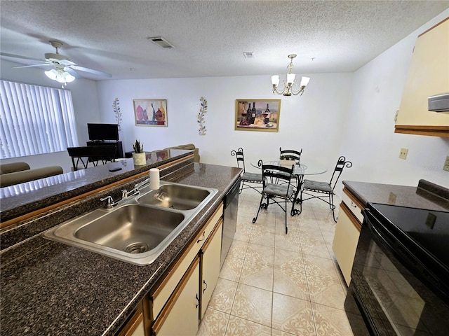 kitchen with a textured ceiling, black electric range oven, sink, and pendant lighting