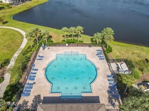 view of pool featuring a water view and a patio area