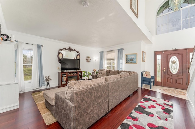 living room with ornamental molding, a high ceiling, and dark hardwood / wood-style flooring