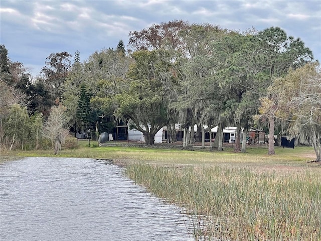 exterior space with a water view