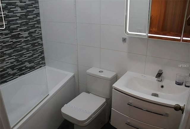 full bathroom featuring shower / bath combination, toilet, tile walls, tasteful backsplash, and vanity