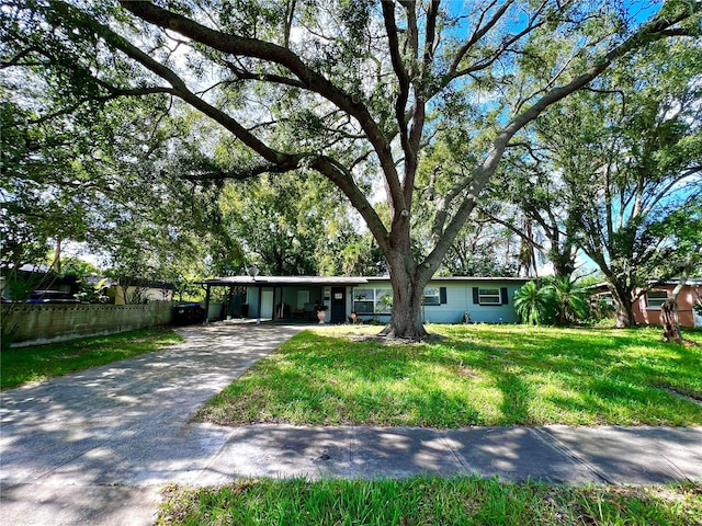 ranch-style house featuring a carport and a front yard