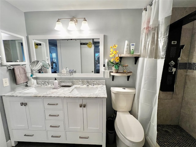 bathroom with toilet, a shower with curtain, and vanity