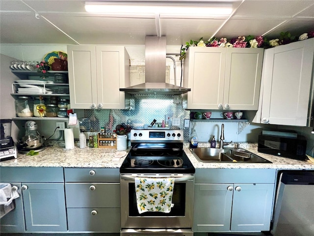 kitchen featuring white cabinetry, stainless steel appliances, sink, and island range hood