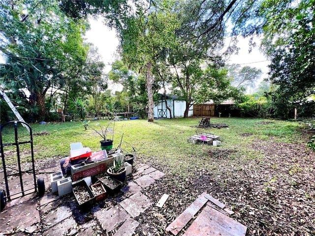 view of yard featuring a shed