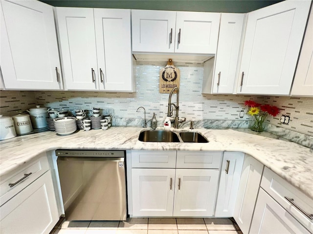 kitchen with dishwasher, backsplash, sink, white cabinetry, and light stone counters