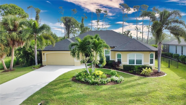 view of front of house featuring a garage and a front lawn