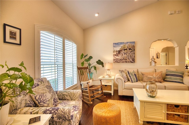 39 Tee View Pl, Rotonda West, FL 33947 - living room featuring dark wood-style floors, high vaulted ceiling, arched walkways, and recessed lighting