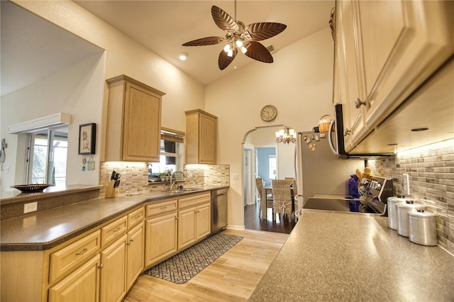 kitchen with appliances with stainless steel finishes, light brown cabinets, a wealth of natural light, and light hardwood / wood-style floors