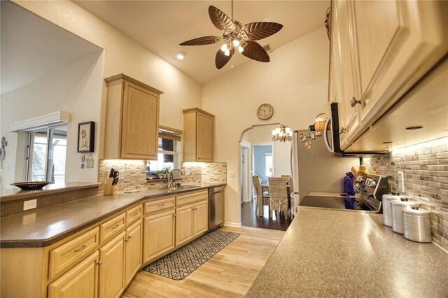 39 Tee View Pl, Rotonda West, FL 33947 - kitchen featuring stainless steel appliances, a sink, light brown cabinetry, backsplash, and ceiling fan