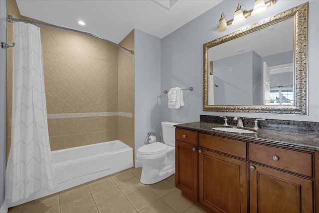 full bathroom with tile patterned floors, vanity, toilet, and shower / bathtub combination with curtain