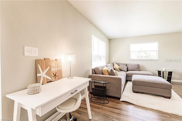 living room featuring a wealth of natural light, lofted ceiling, and hardwood / wood-style floors