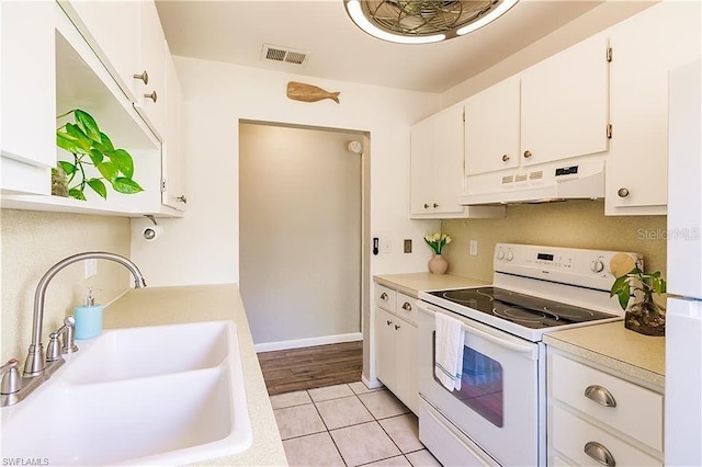 kitchen featuring light hardwood / wood-style flooring, sink, electric range, white cabinets, and premium range hood