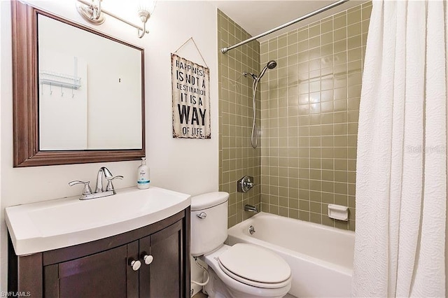 full bathroom with toilet, vanity, and shower / bathtub combination with curtain