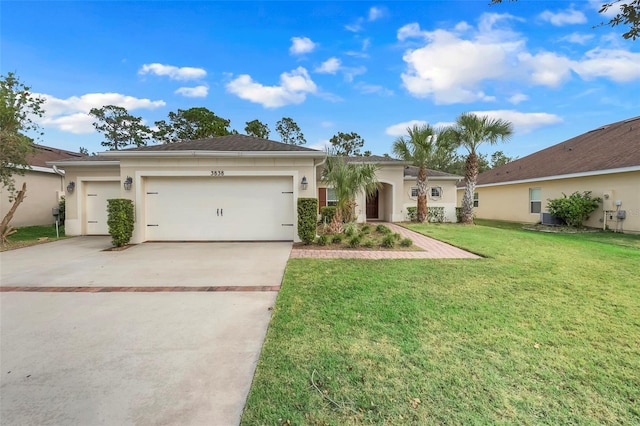 ranch-style home featuring a garage and a front yard