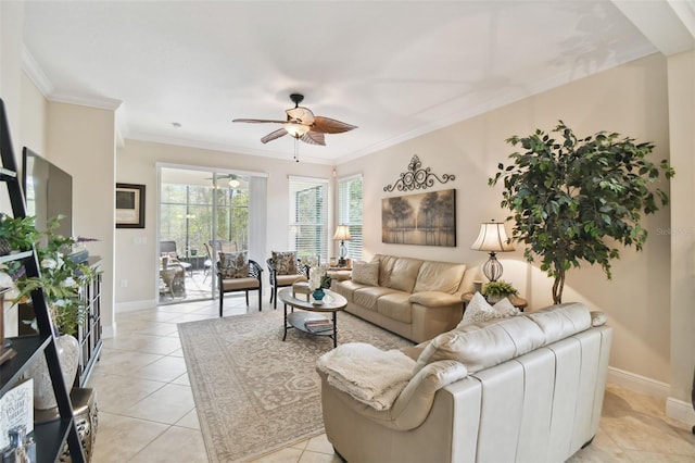 tiled living room featuring ceiling fan and ornamental molding