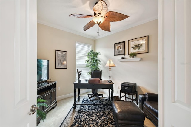 office area featuring ceiling fan, light tile patterned floors, and ornamental molding