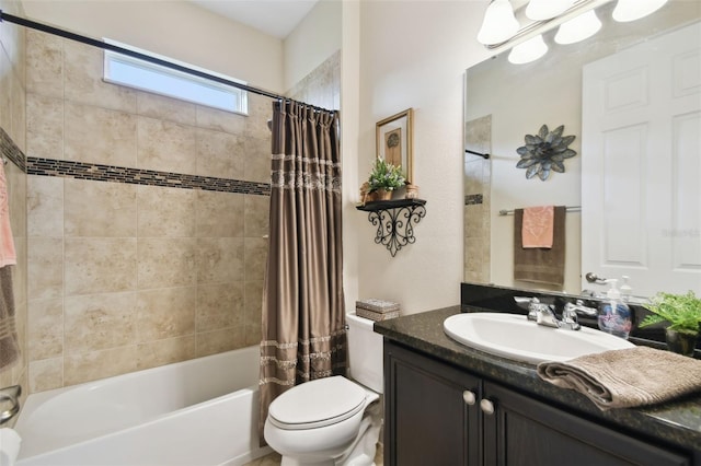 full bathroom featuring toilet, vanity, and shower / bath combo with shower curtain