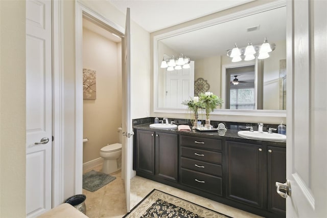 bathroom featuring ceiling fan, vanity, toilet, and tile patterned floors