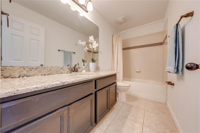 full bathroom with tile patterned flooring, vanity, shower / tub combo, and toilet