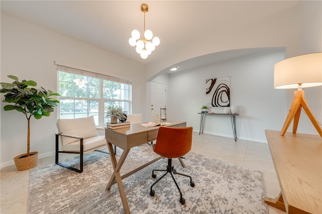 home office featuring arched walkways, baseboards, and light tile patterned floors