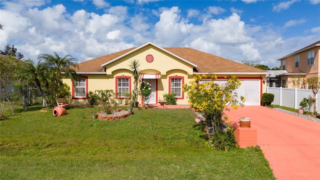 single story home with a front lawn and a garage