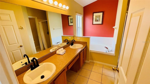 bathroom featuring independent shower and bath, tile patterned flooring, vanity, and lofted ceiling