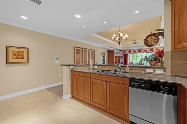 kitchen featuring sink, dark stone counters, ceiling fan with notable chandelier, crown molding, and dishwasher