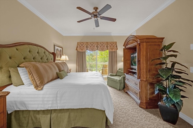 carpeted bedroom with ceiling fan and crown molding