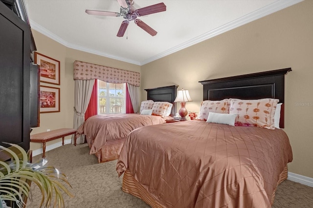 bedroom featuring ornamental molding, carpet flooring, and ceiling fan