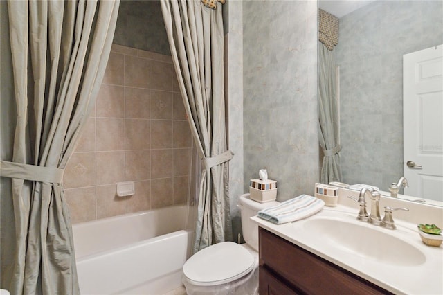 full bathroom with vanity, toilet, and shower / bath combination with curtain