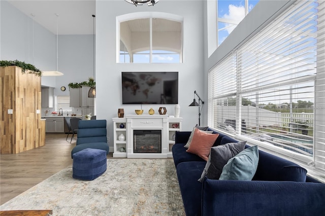 living room with a high ceiling, sink, hardwood / wood-style floors, and plenty of natural light