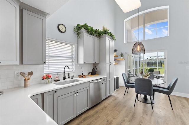 632 Pinewood Dr, Davenport, FL 33896 - kitchen with a sink, stainless steel dishwasher, gray cabinets, a towering ceiling, and tasteful backsplash