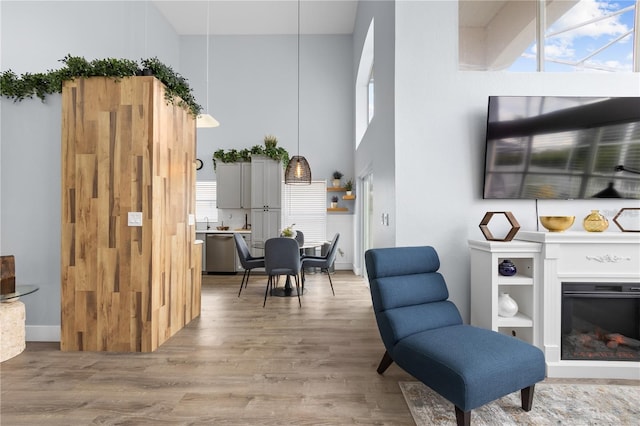 interior space with hardwood / wood-style flooring and a towering ceiling