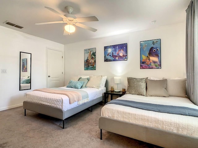 bedroom featuring ceiling fan and light colored carpet