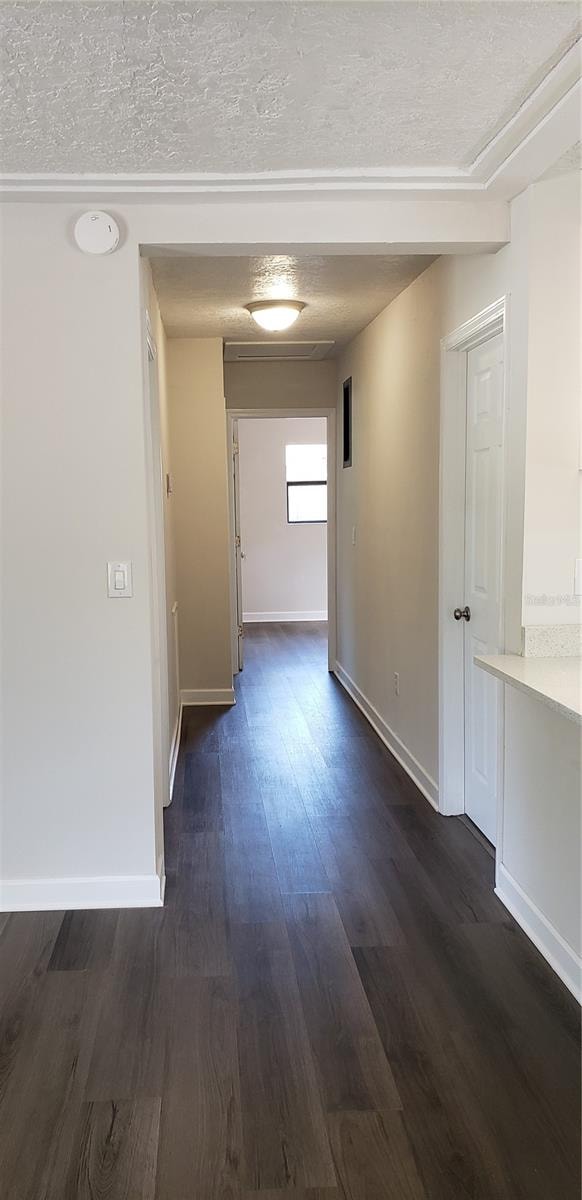 hallway featuring dark hardwood / wood-style flooring and a textured ceiling