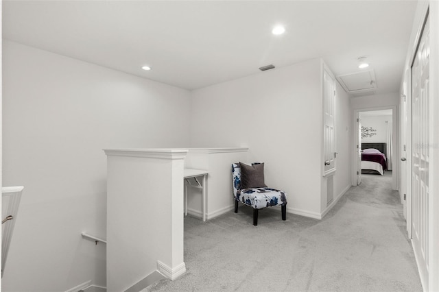 4919 Conifer Cone Dr, Kissimmee, FL 34746 - hall with an upstairs landing, light colored carpet, attic access, baseboards, and recessed lighting