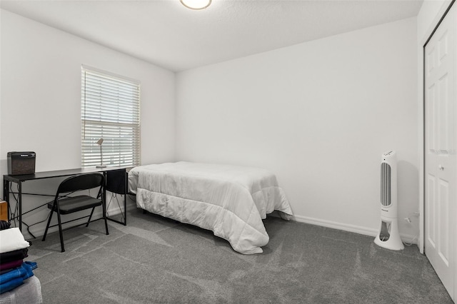 bedroom with a closet and dark colored carpet