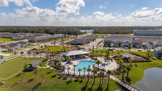 drone / aerial view with a water view